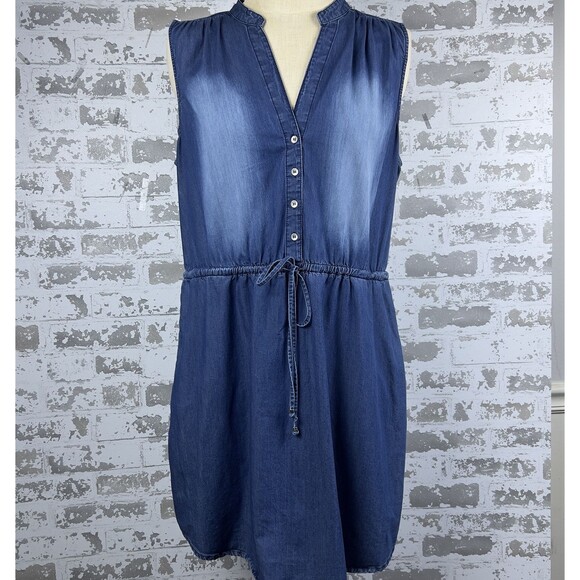 Vtg 90’s Guess Chambray Mini Dress‎ Sz XL Denim Sleeveless Drawstring Pockets - Picture 1 of 15